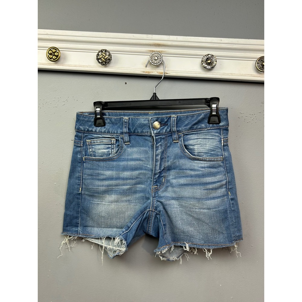 American Eagle Denim Shorts Womens 2 Blue Hi-Rise Shortie Super Stretch Raw‎ Hem